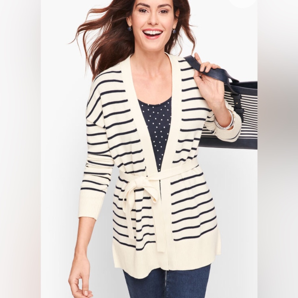TALBOTS Stripe Belted Cardigan 100% Cotton